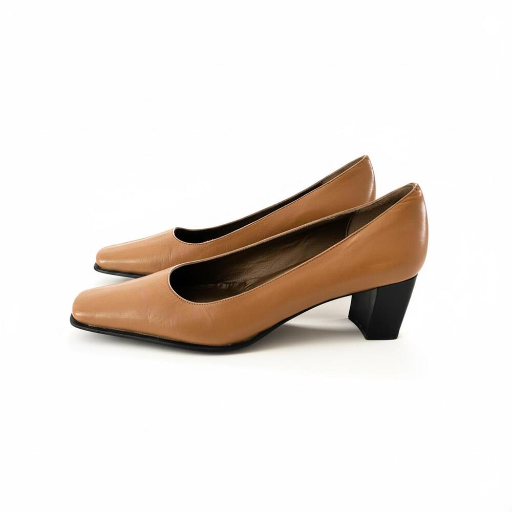 La Diva Italy Leather Square Toe Pumps Tan Block Heel EU 37 US 6.5 Minimalist
